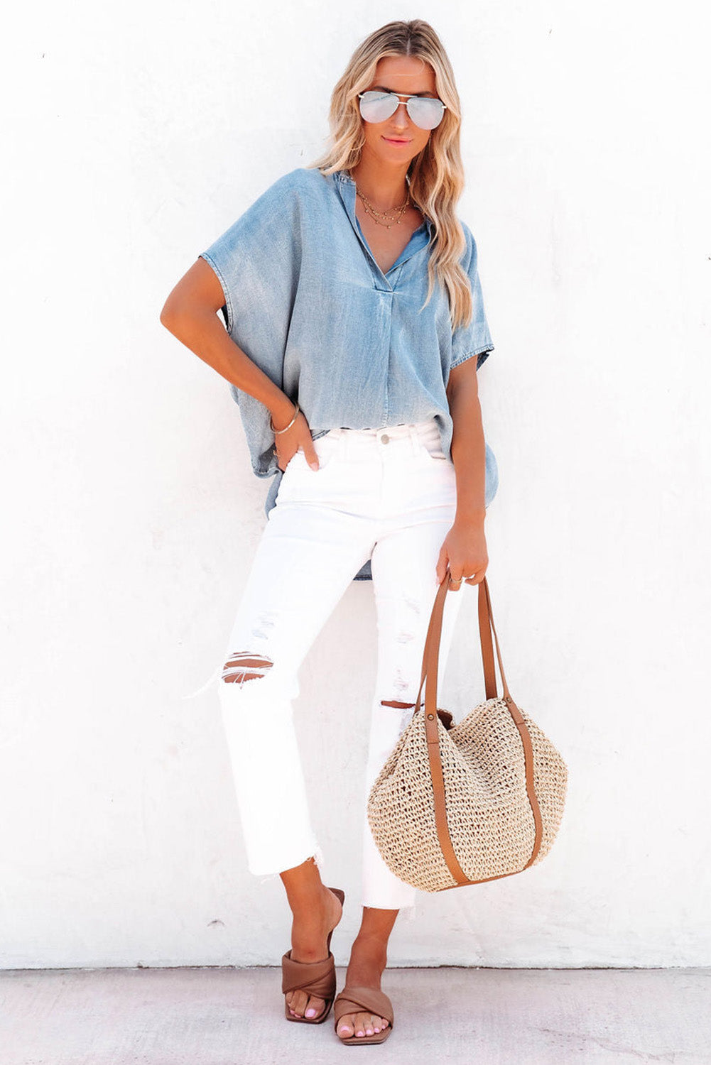 Sky Blue Split V Neck Oversized Denim Blouse - Ballimart