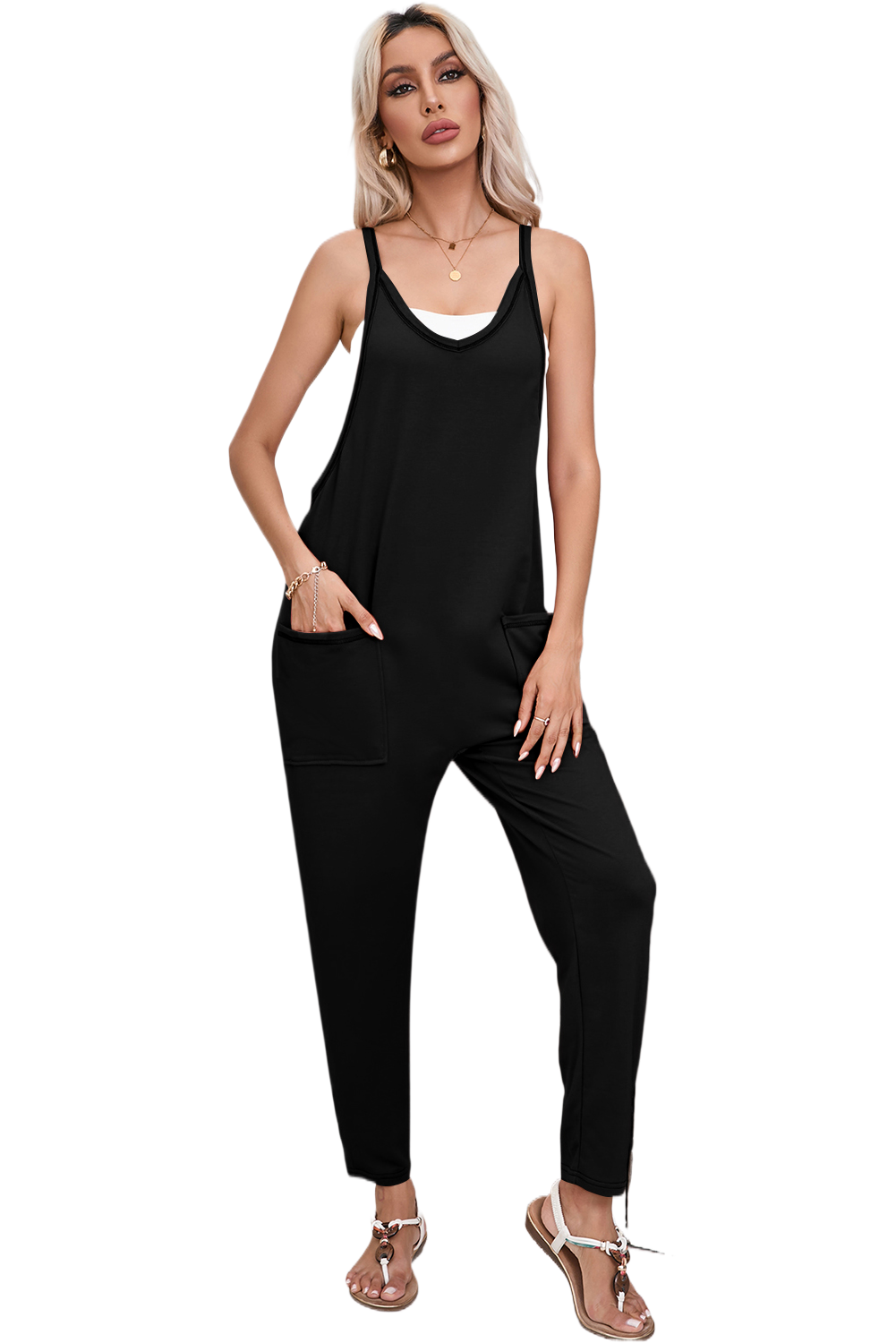 Black Side Pockets Harem Pants Sleeveless V Neck Jumpsuit - Ballimart