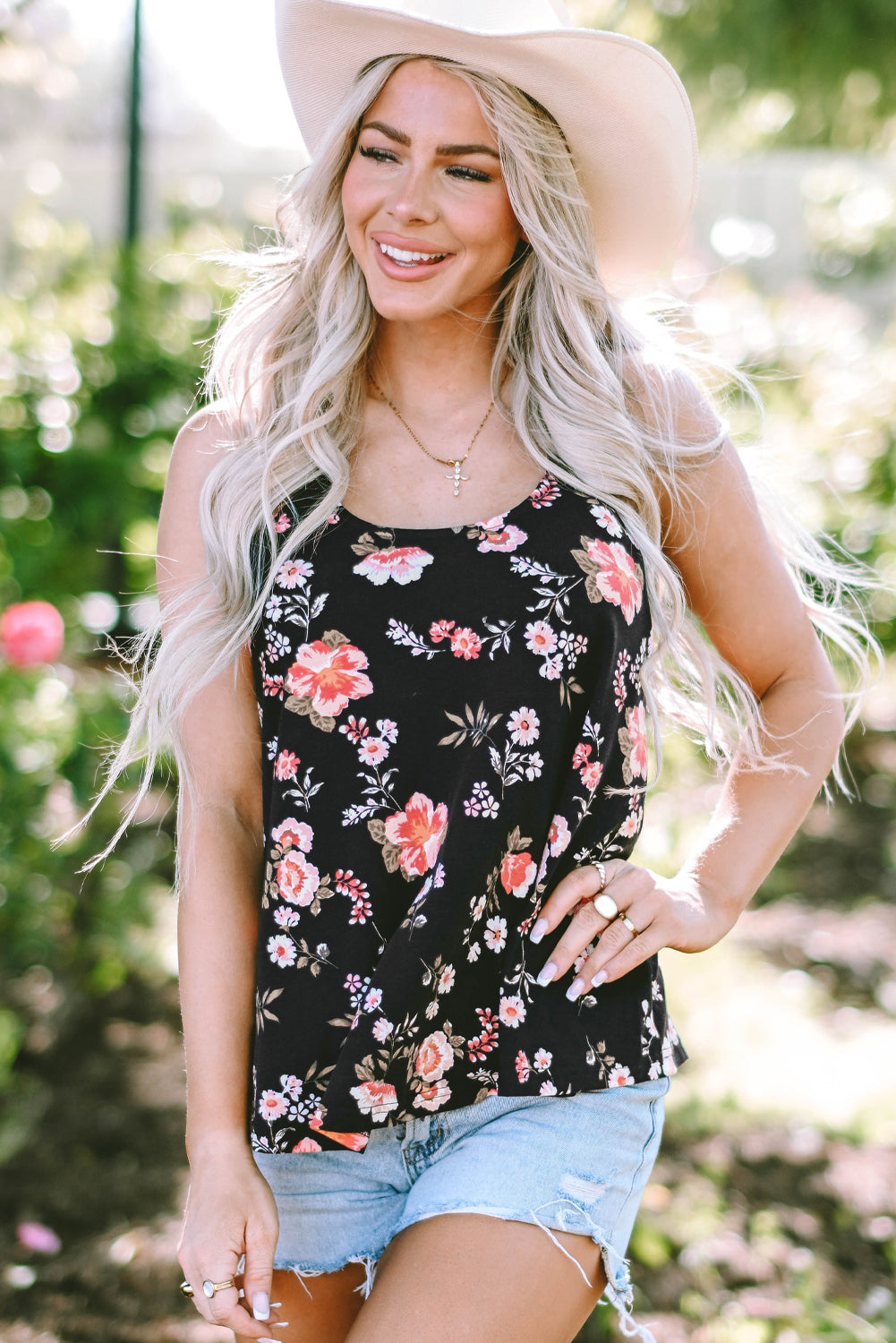 Black Floral Spaghetti Straps Strappy Back Tank Top - Ballimart