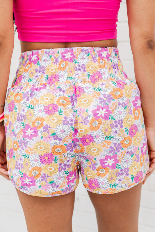 Pink Boho Floral Shirred High Waist Casual Shorts - Ballimart