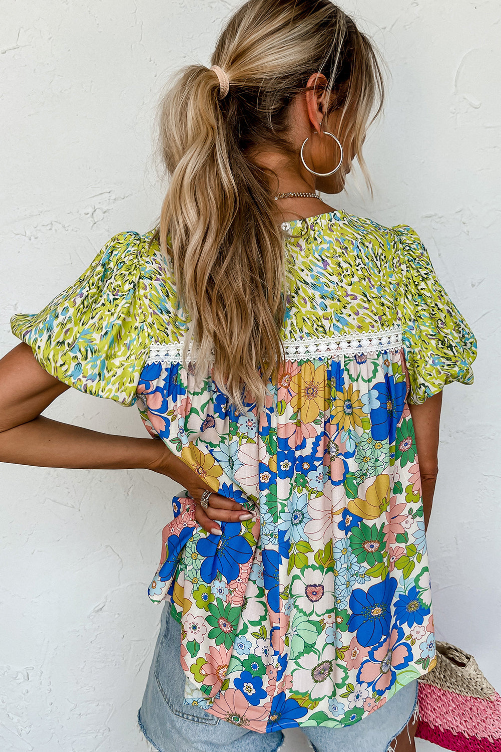 Green Bubble Sleeve Lace Trim Floral Mixed Print Blouse - Ballimart