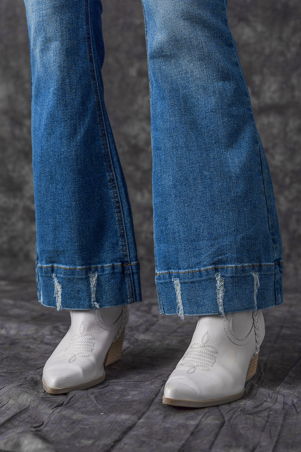 Sky Blue Slight Distressed Medium Wash Flare Jeans - Ballimart