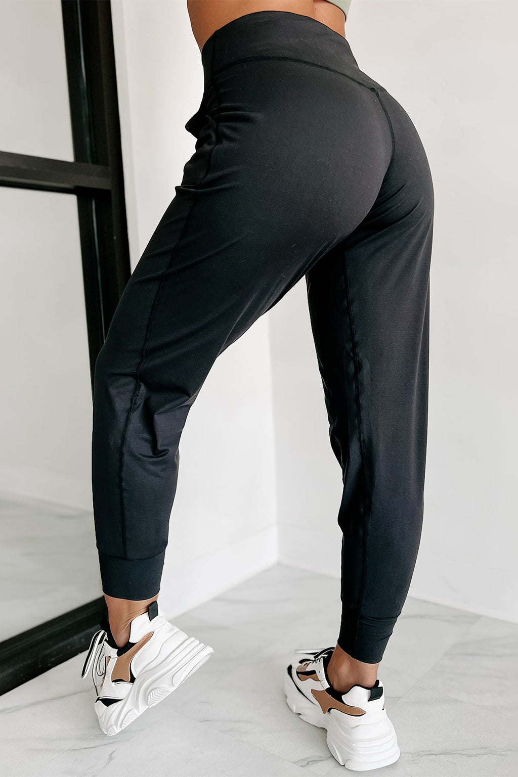 Black Exposed Seam High Waist Pocketed Joggers - Ballimart