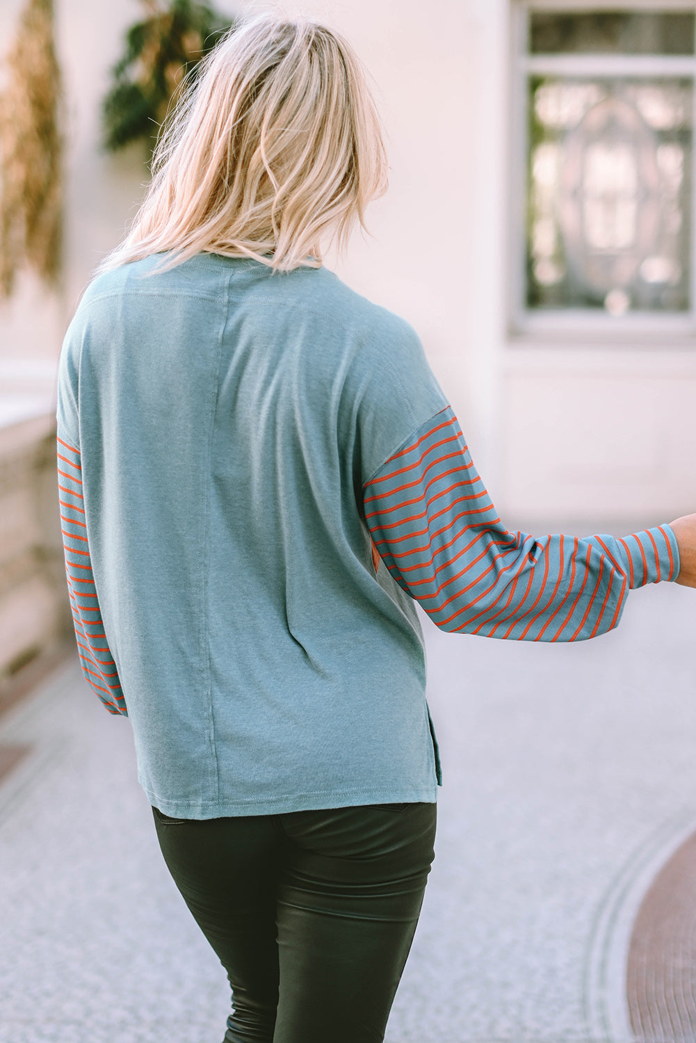 Green Colorblock Striped Bishop Sleeve Top - Ballimart