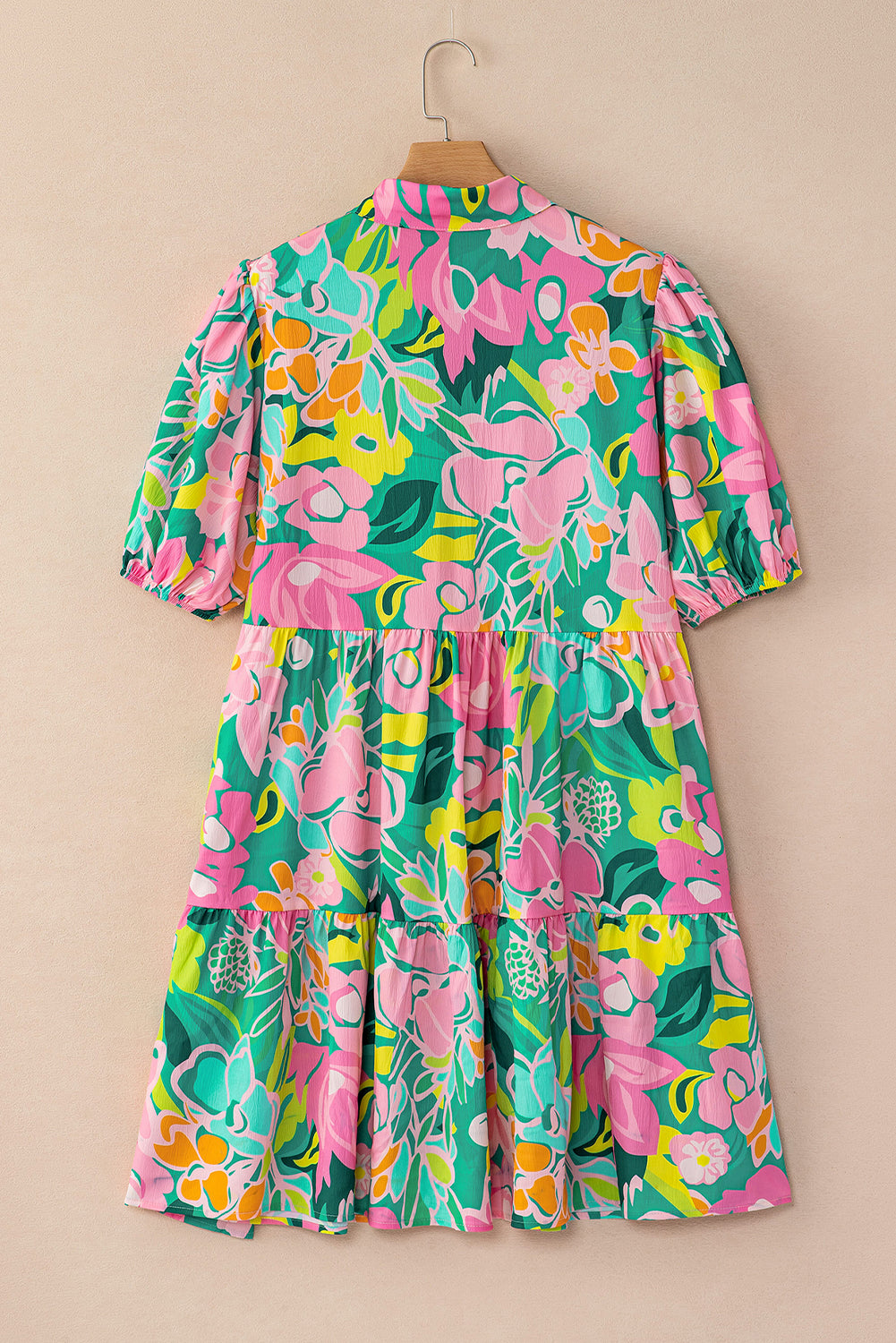Green Floral Puff Sleeve Collar Buttoned Babydoll Dress - Ballimart