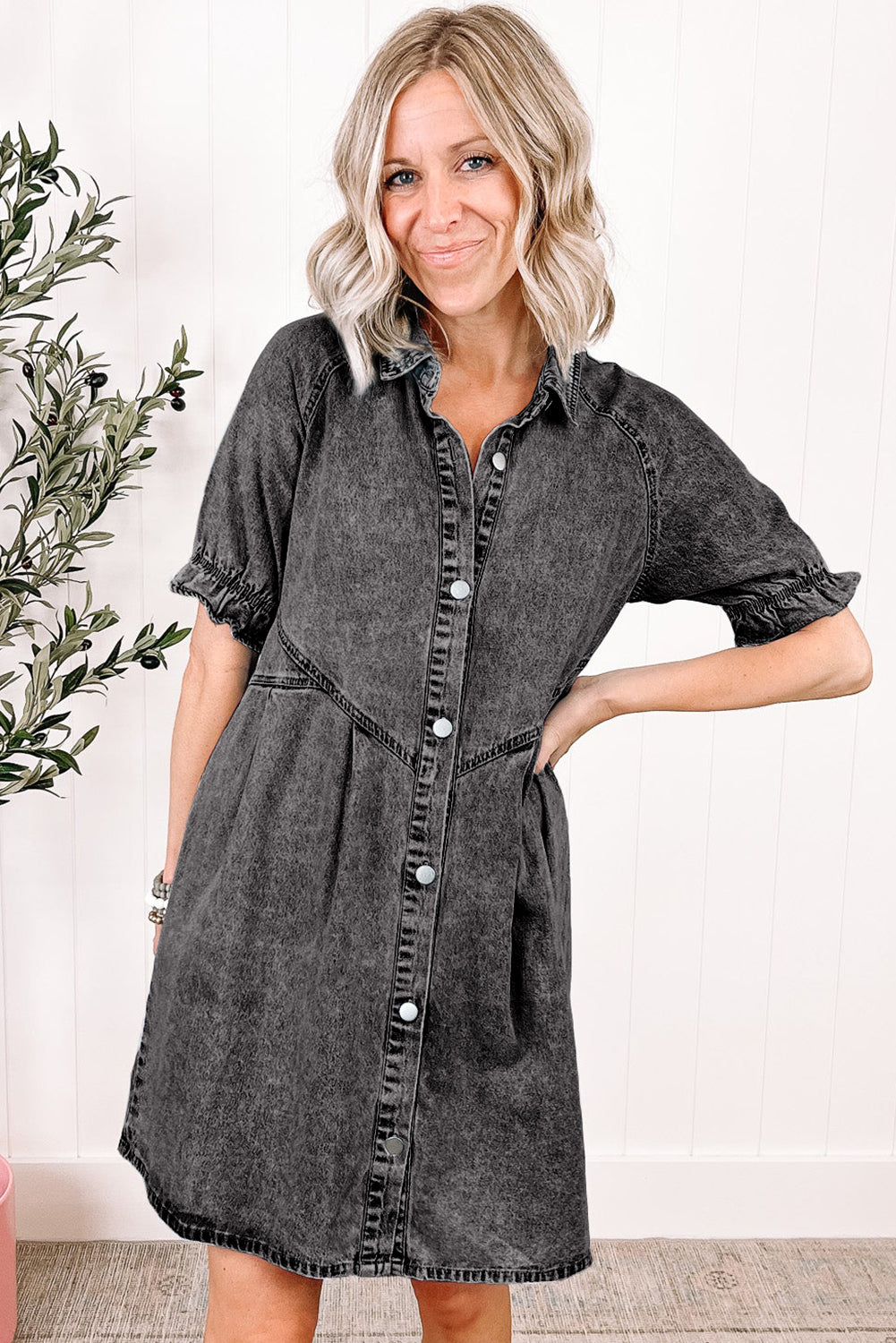 Medium Grey Mineral Wash Ruffled Short Sleeve Buttoned Denim Dress - Ballimart