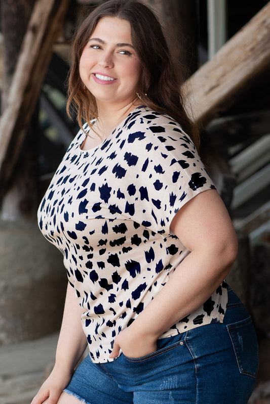 Khaki Leopard Print Twist Open Back Plus Size Top - Ballimart