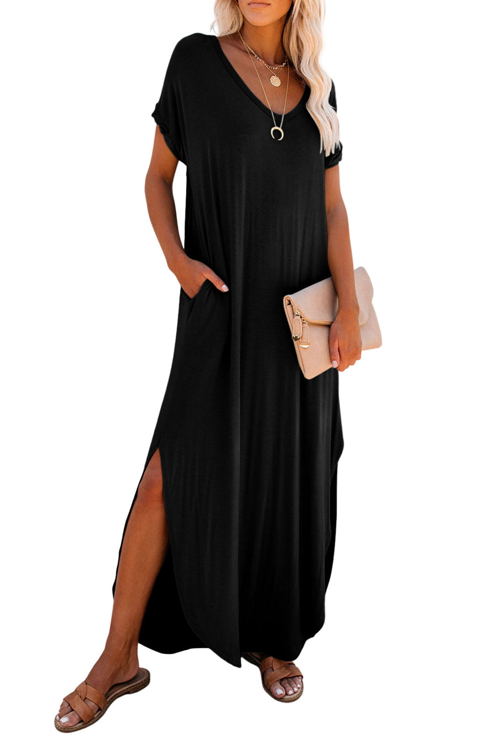 Black V Neck Hidden Pocket Splits Maxi T-shirt Dress - Ballimart