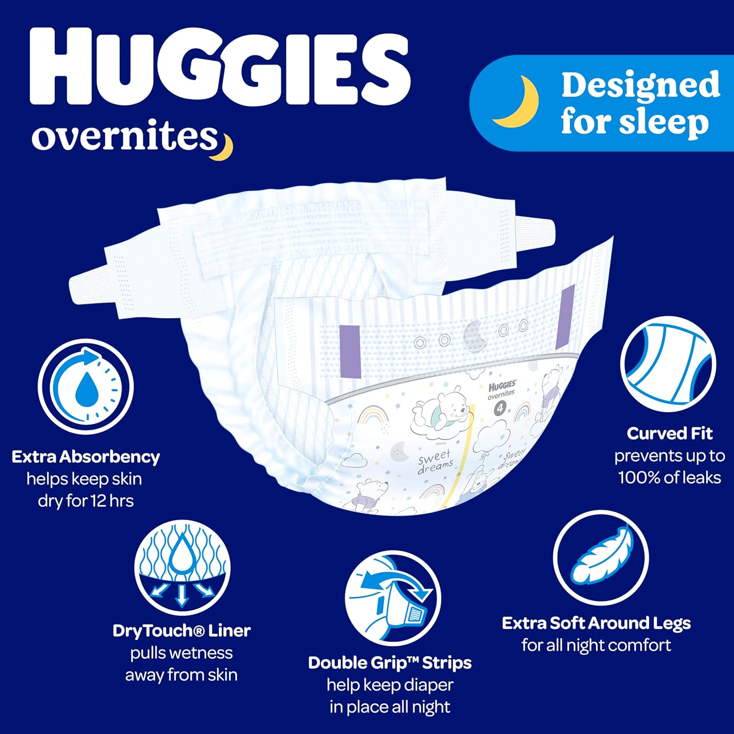 Huggies Overnites Baby Diapers, Size 3 (16-28 lbs), 132 Count | Best-Selling Overnight Diapers with 12-Hour Leak Protection, Soft Comfort Fit & Wetness Indicator - Ballimart