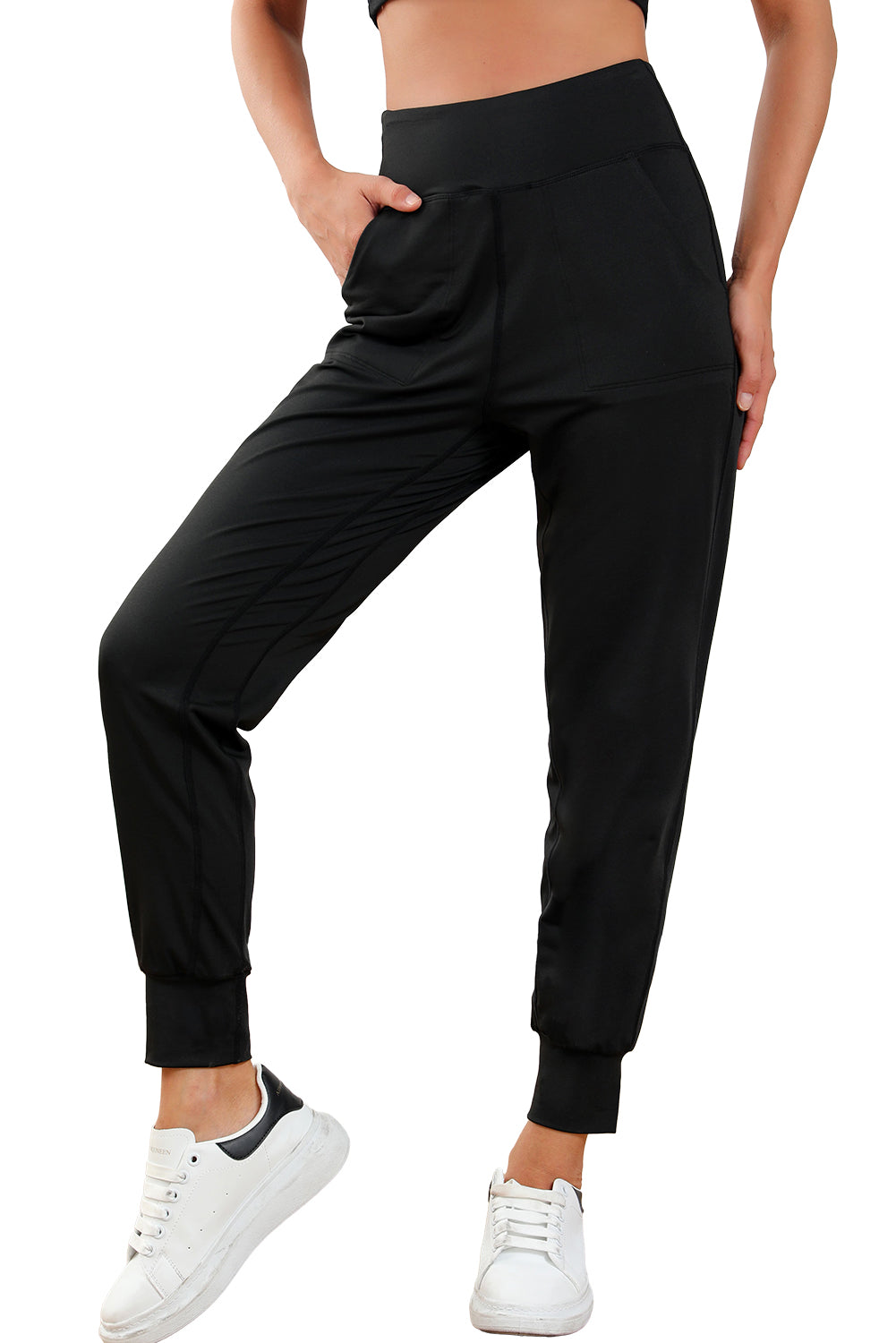 Black Exposed Seam High Waist Pocketed Joggers - Ballimart
