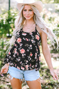 Black Floral Spaghetti Straps Strappy Back Tank Top - Ballimart