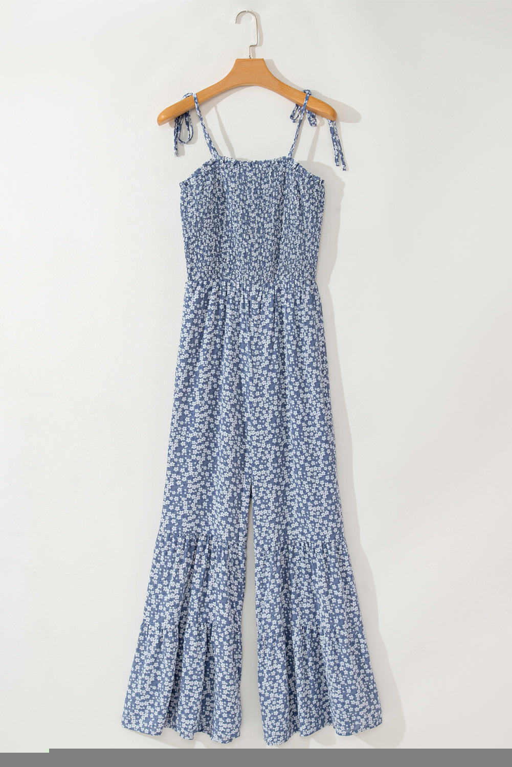 Dusk Blue Thin Straps Smocked Bodice Wide Leg Floral Jumpsuit - Ballimart