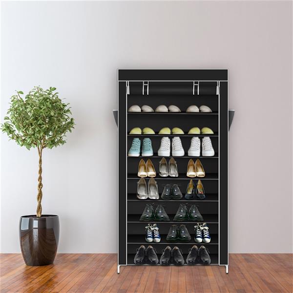 10 Tiers Shoe Rack with Dustproof Cover Closet Shoe Storage Cabinet Organizer Black - Ballimart