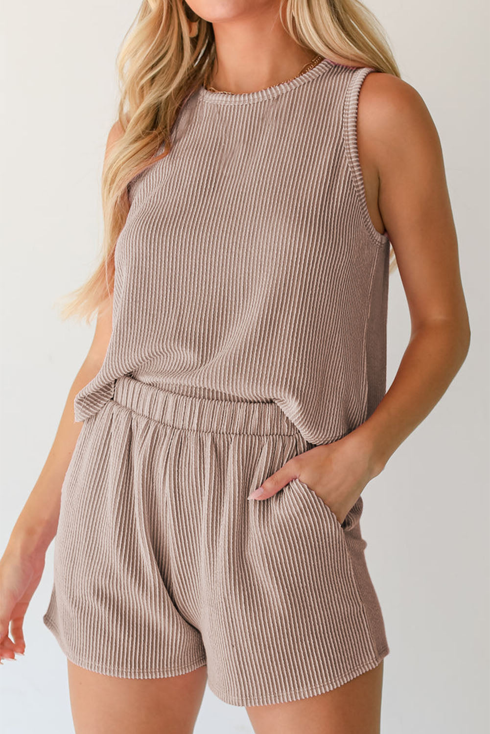 Smoke Gray Corded Sleeveless Top and Pocketed Shorts Set - Ballimart