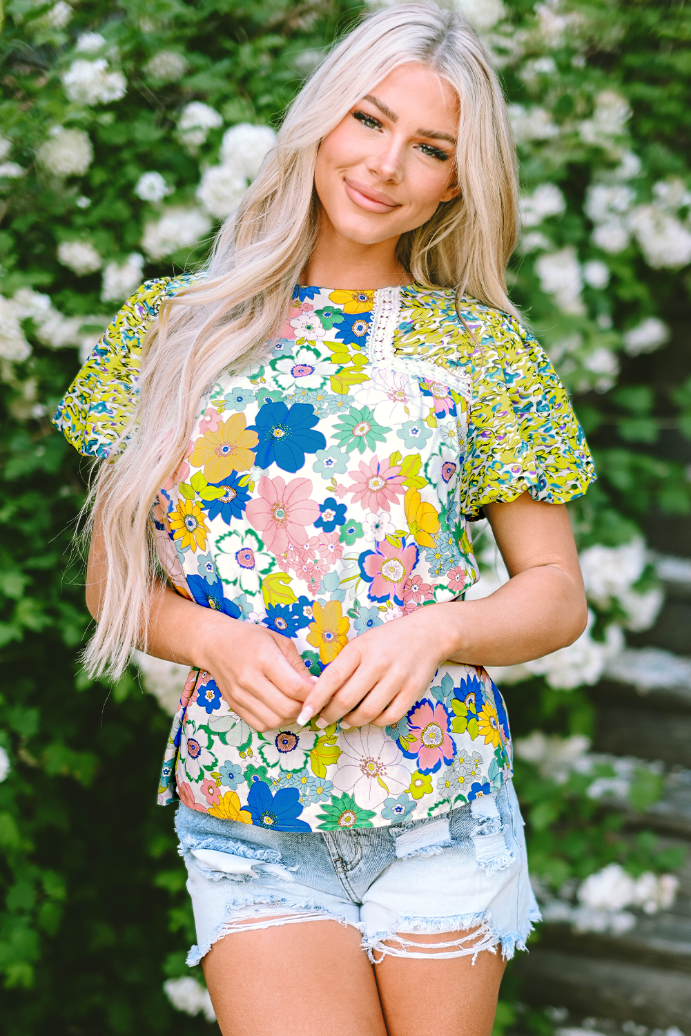Green Bubble Sleeve Lace Trim Floral Mixed Print Blouse - Ballimart
