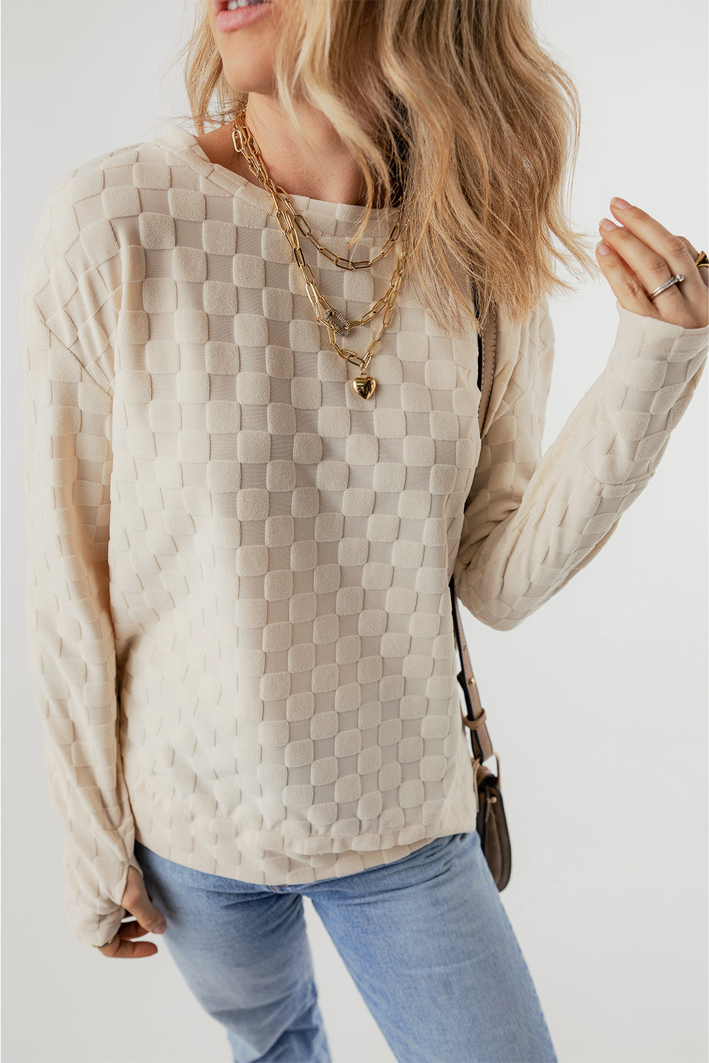Beige Solid Textured Thumbhole Sleeve Top - Ballimart