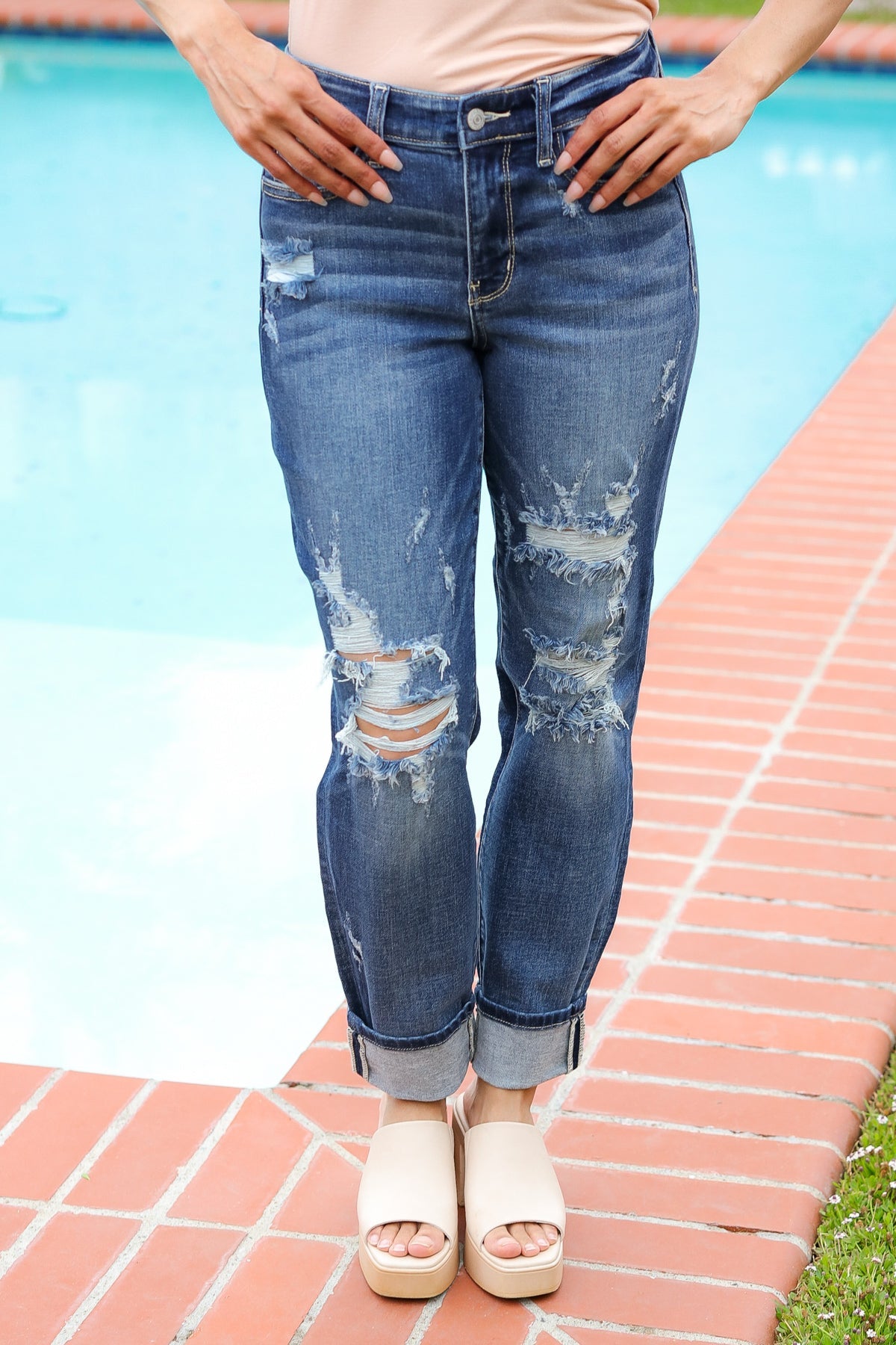 Judy Blue Mid Rise Distressed Boyfriend Fit Cuffed Jeans - Ballimart