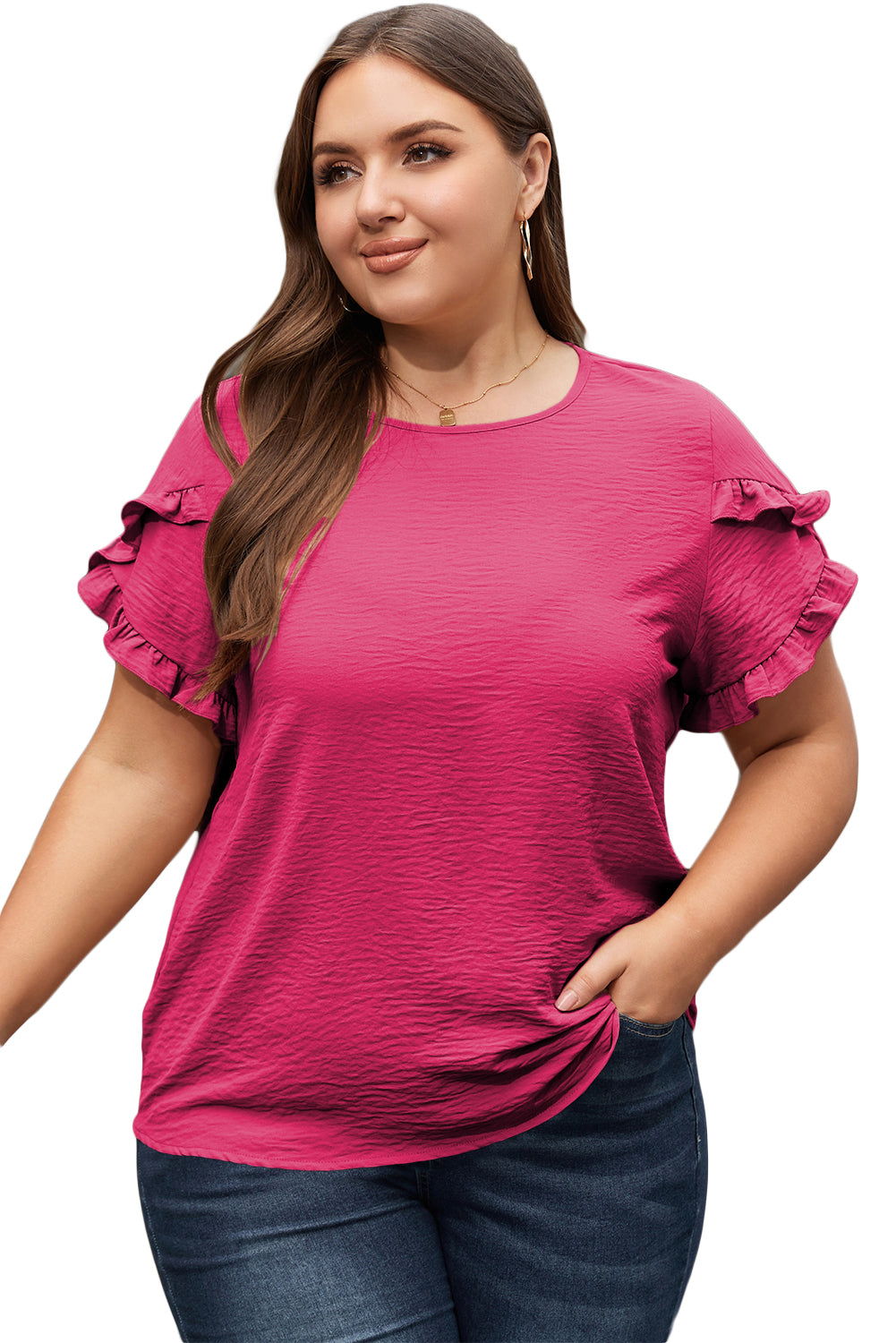 Bright Pink Ruffled Short Sleeve Plus Size Top - Ballimart