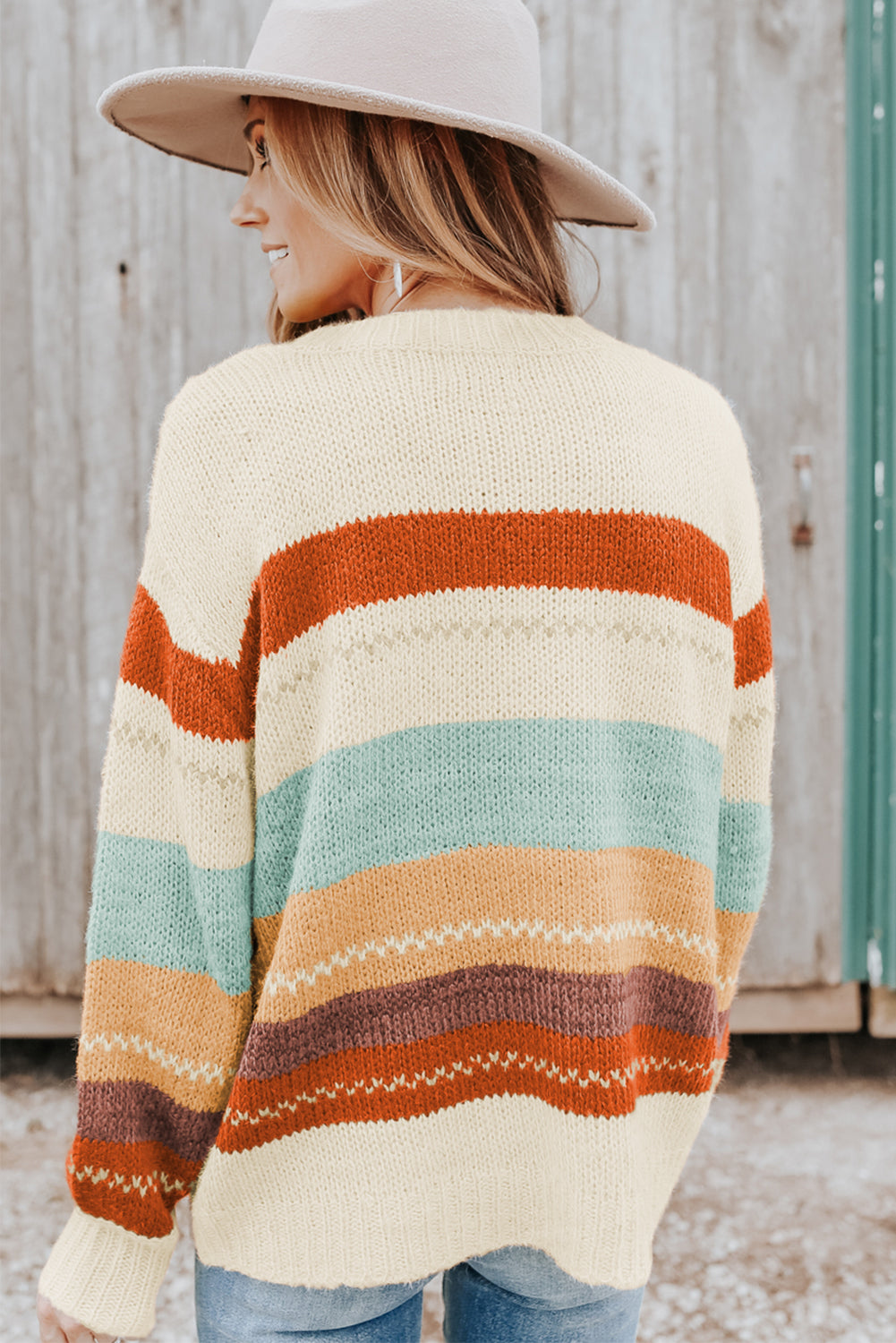 Crew Neck Drop-shoulder Striped Color Block Sweater - Ballimart