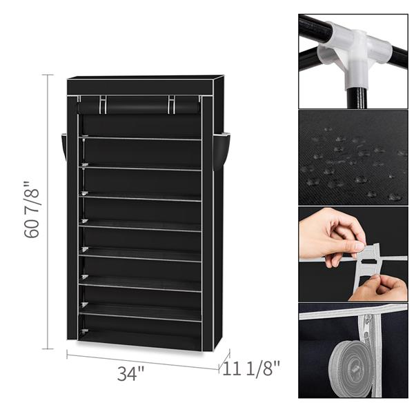 10 Tiers Shoe Rack with Dustproof Cover Closet Shoe Storage Cabinet Organizer Black - Ballimart