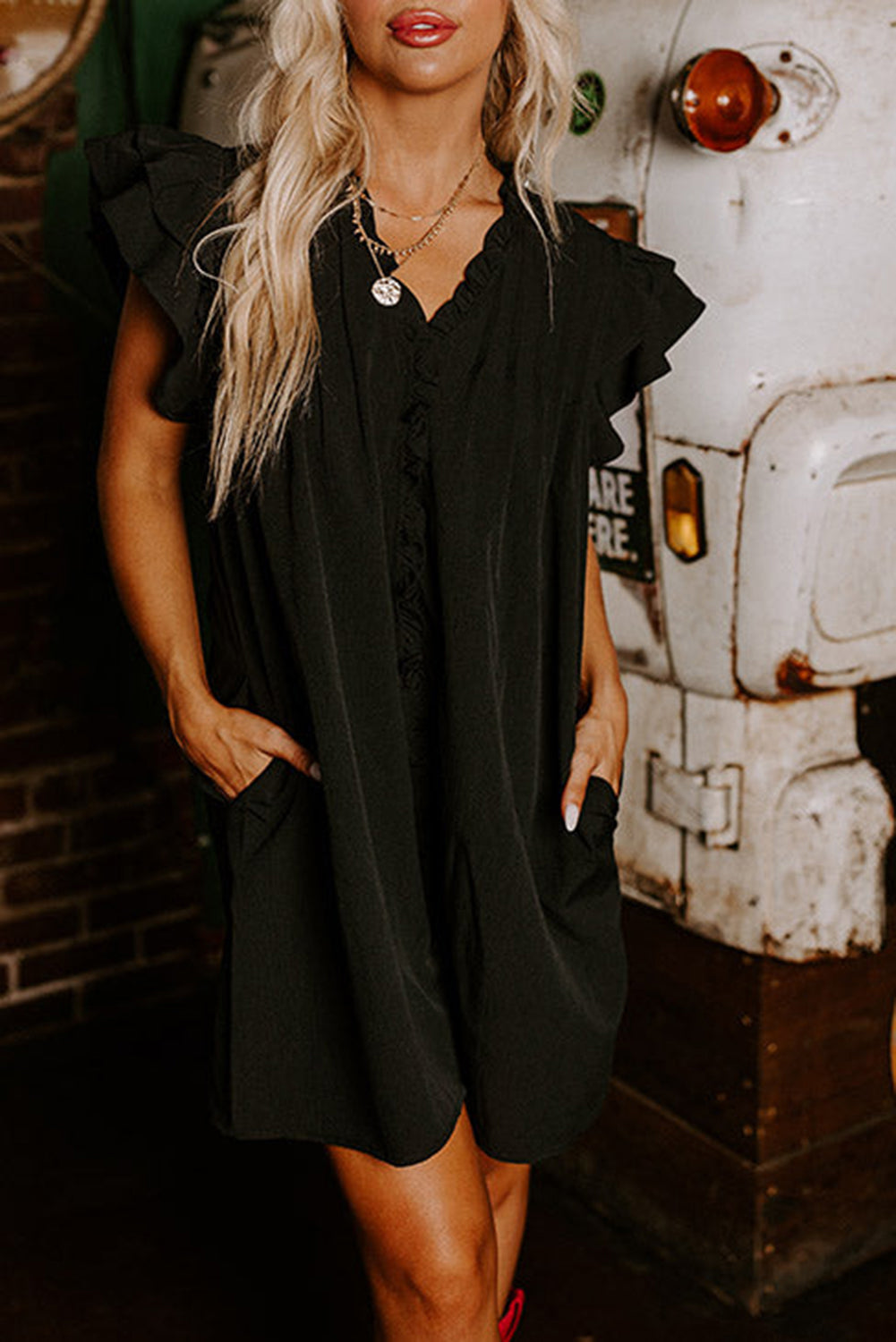 Black Ruffle Sleeve V Neck Frilled Shift Dress - Ballimart