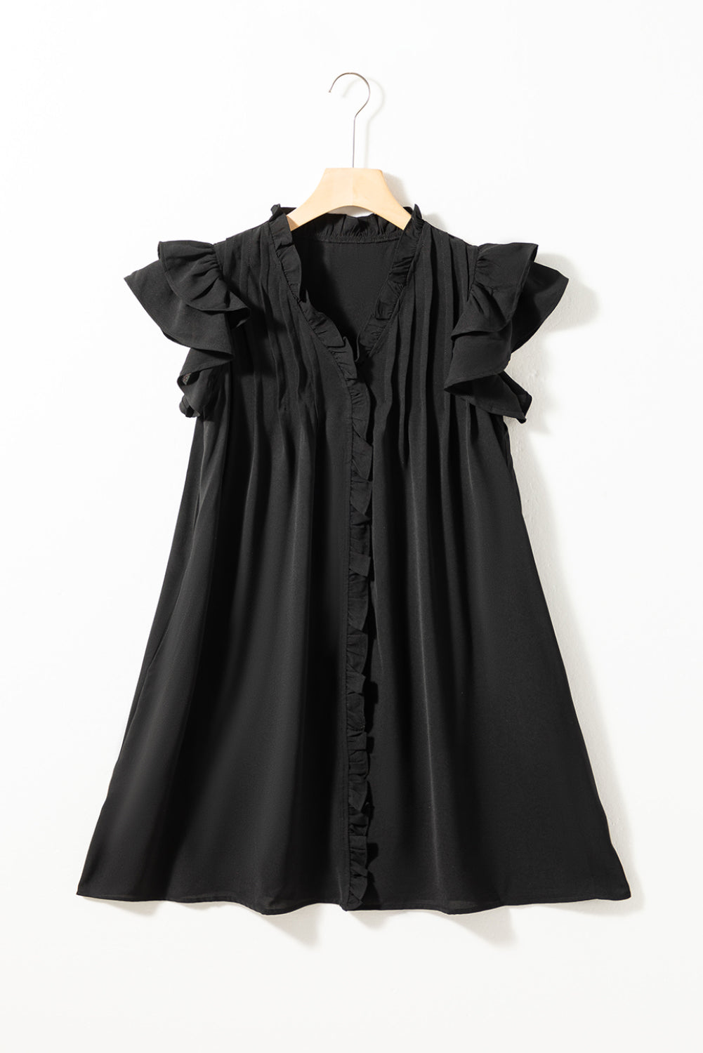 Black Ruffle Sleeve V Neck Frilled Shift Dress - Ballimart