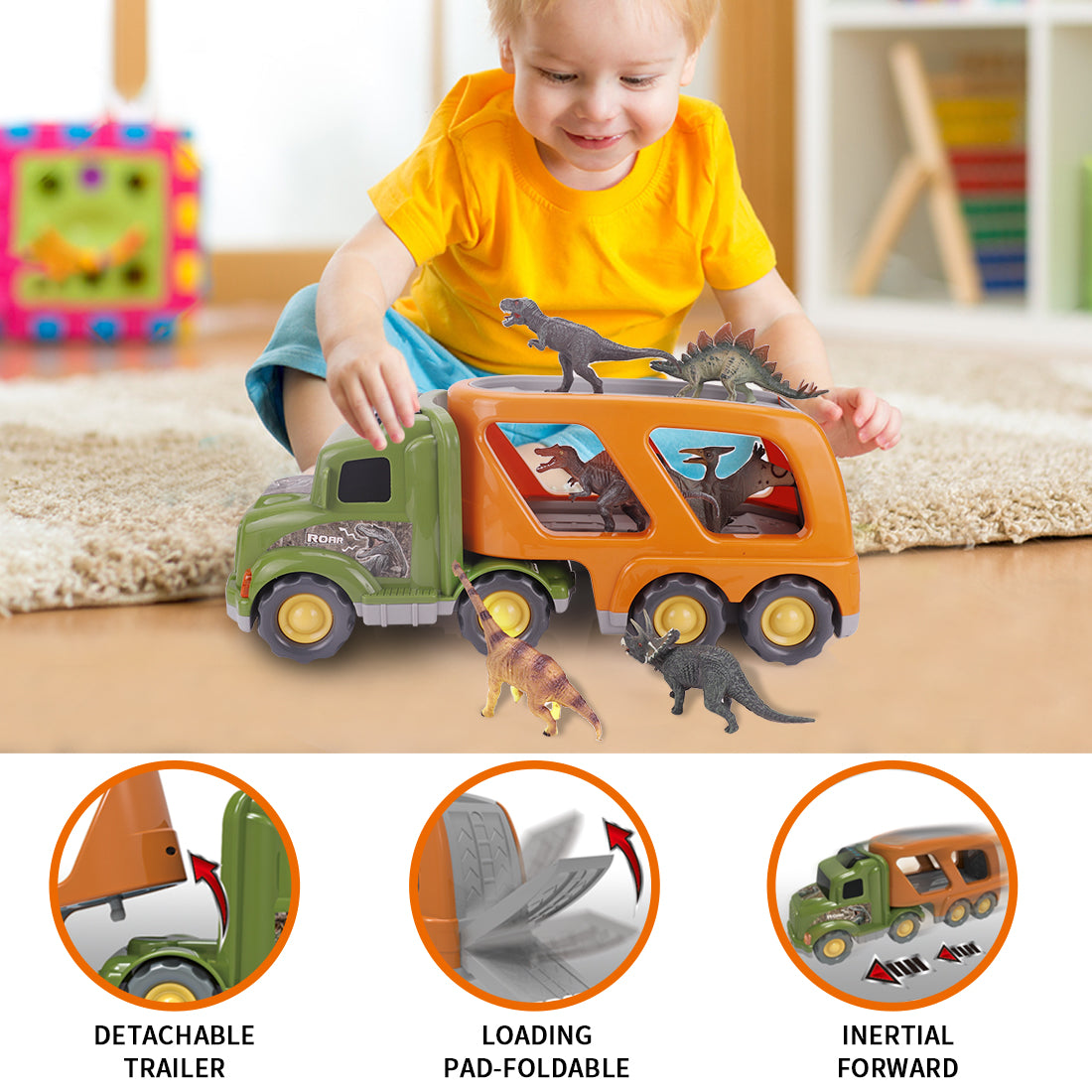 Car Truck Toy for 3 4 5 6 Years Old Boys and Girls, Dinosaur Transport Truck Including T-Rex, Pterodactyl, Brachiosaurus, for Boys & Girls(Notice: Cannot ship out the goods at weekends.)