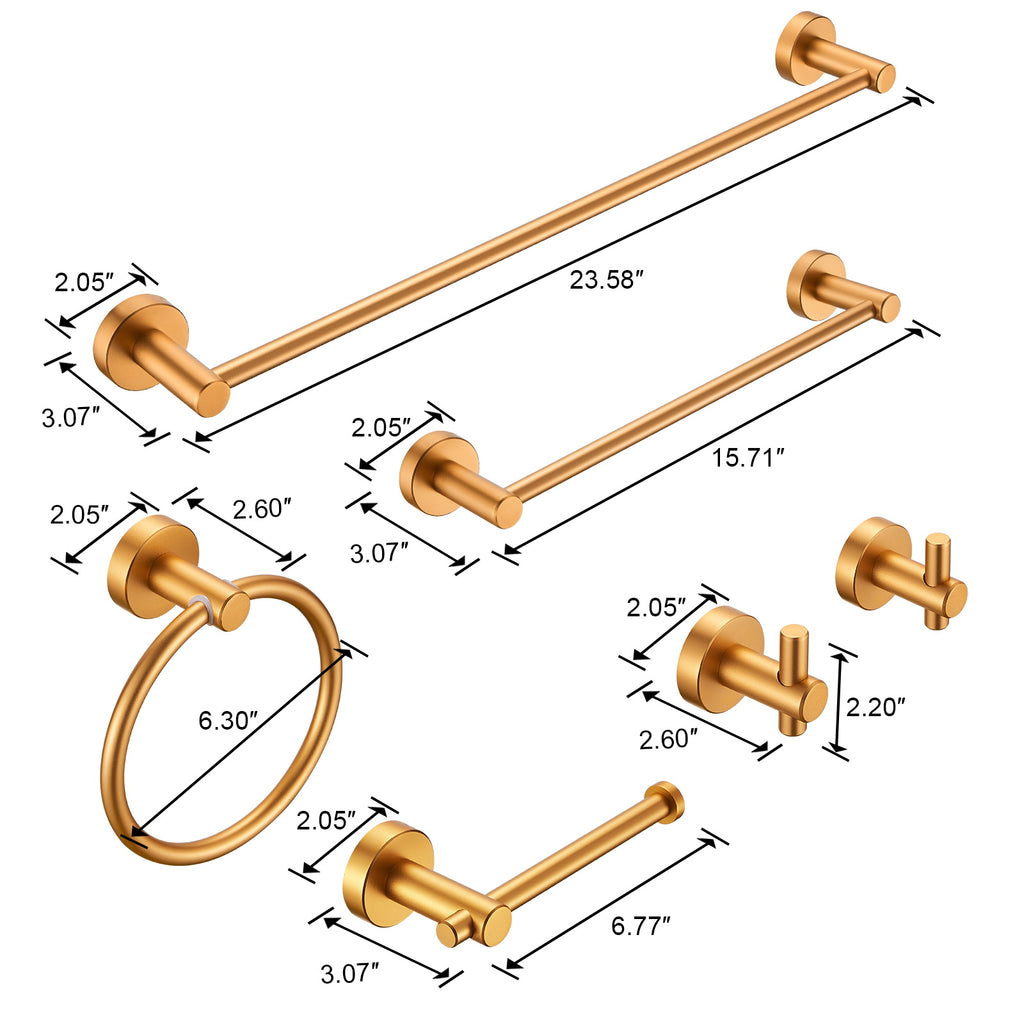 Bathroom Hardware Set, Thicken Space Aluminum 6 PCS Towel bar Set- Brushed Gold 24 Inches Wall Mounted[Unable to ship on weekends, please place orders with caution] - Ballimart