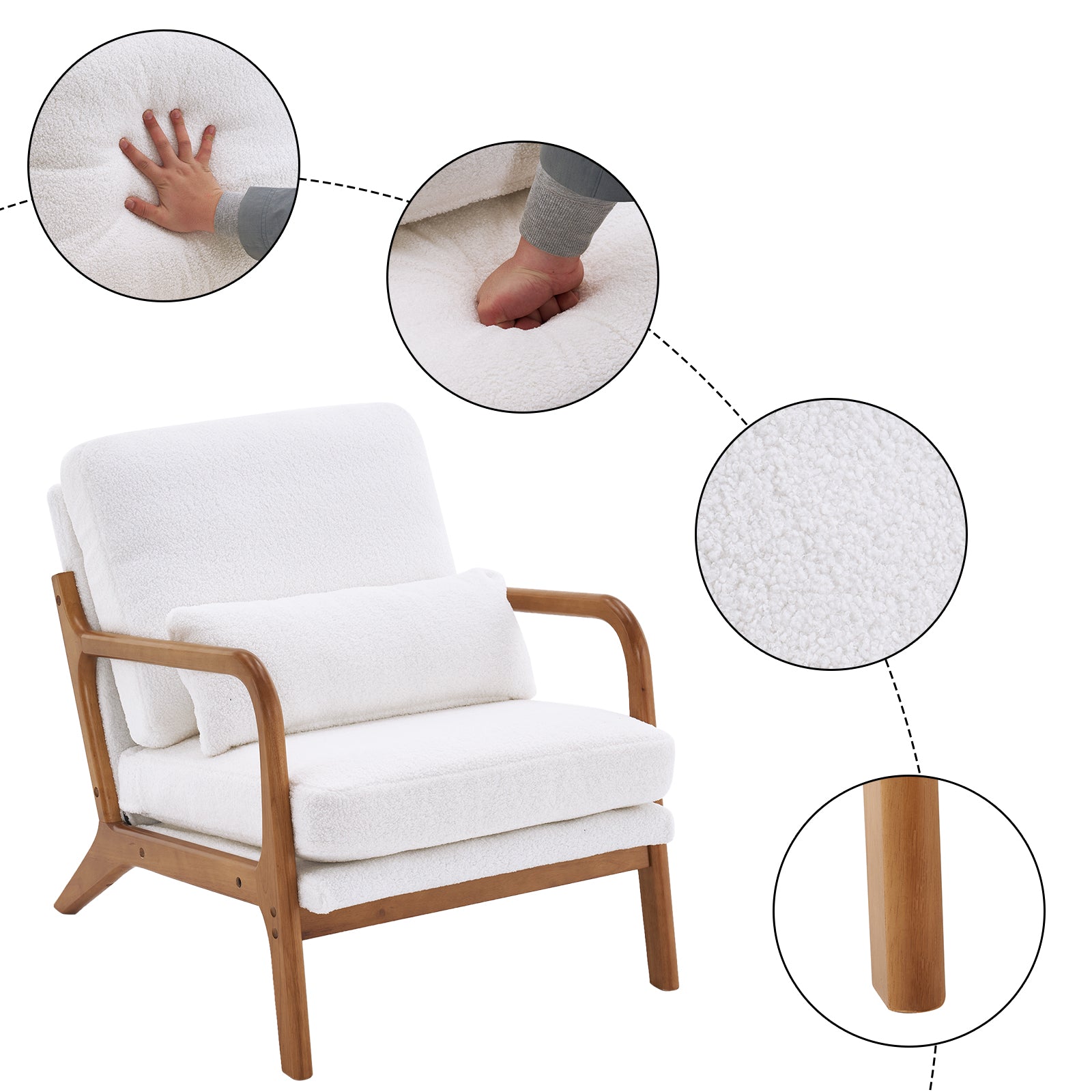 Oak Armrest Oak Upholstered Teddy Velvet Single Lounge Chair Indoor Lounge Chair Off-White