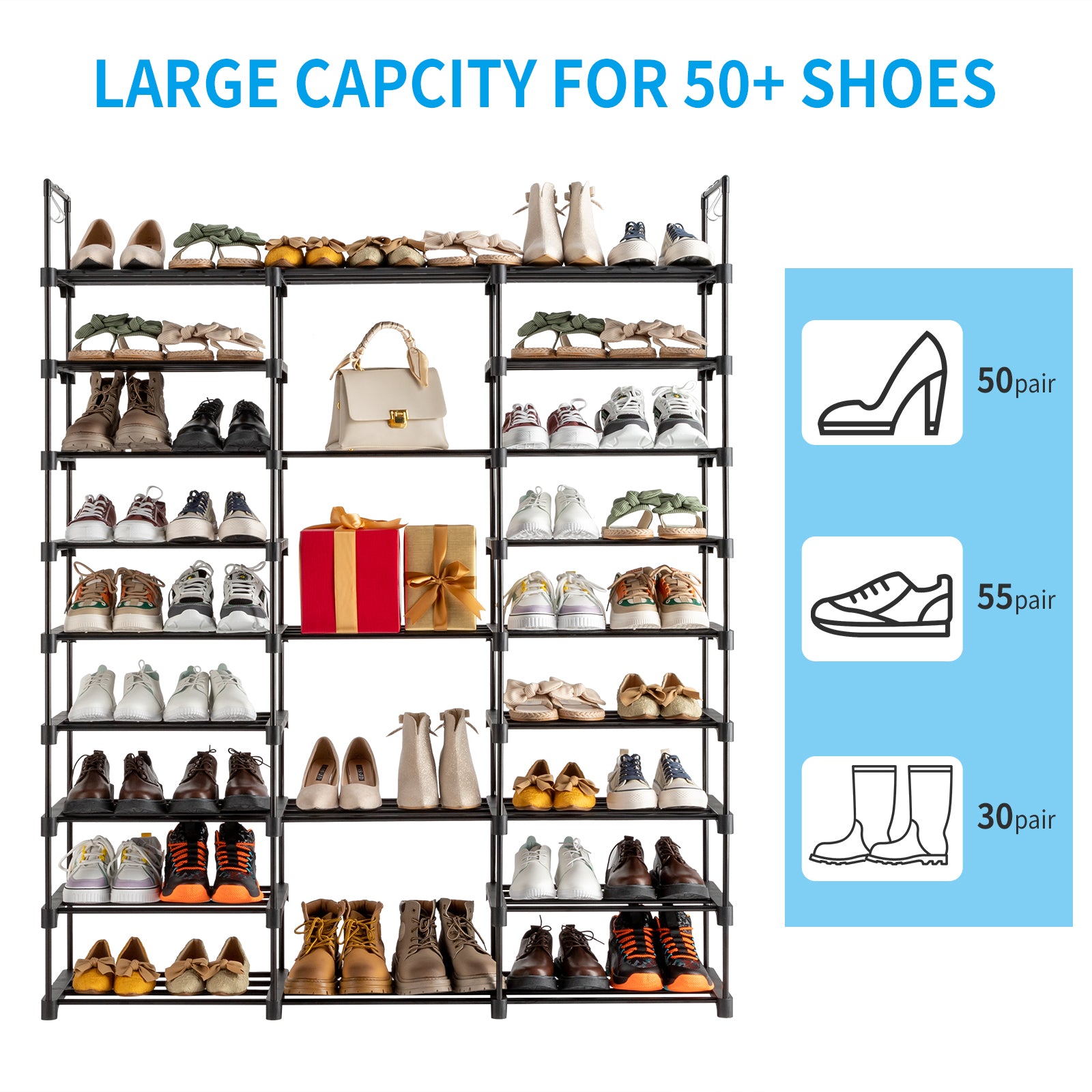 9 Tiers Shoe Rack Storage Organizer Shoe Shelf Organizer for Entryway Holds 50-55 Pairs Shoe, Stackable Shoe Cabinet Shoe Rack - Ballimart