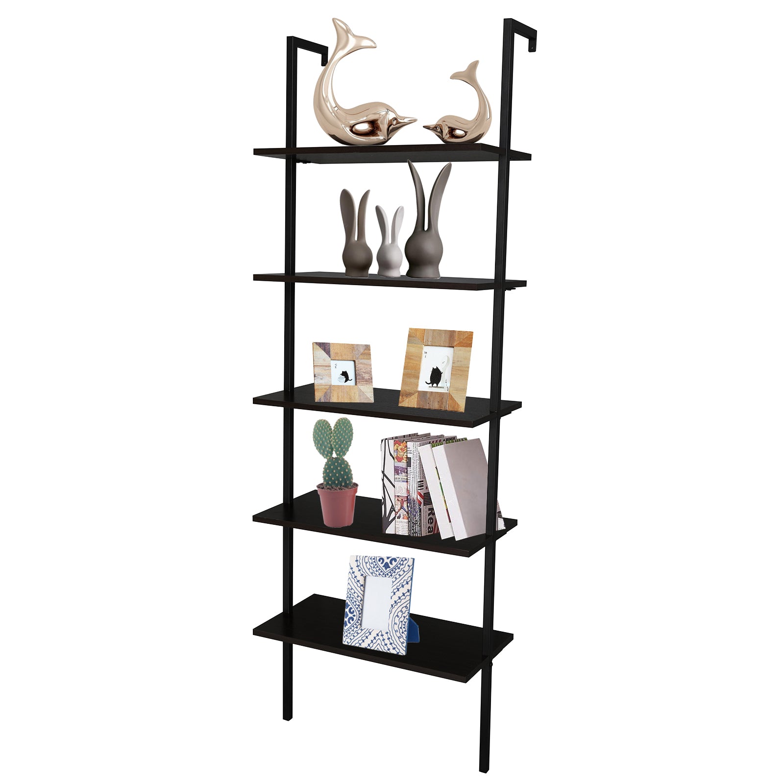 5-Shelf Wood Ladder Bookcase with Metal Frame, Industrial 5-Tier Modern Ladder Shelf Wood Shelves,Dark Walnut - Ballimart