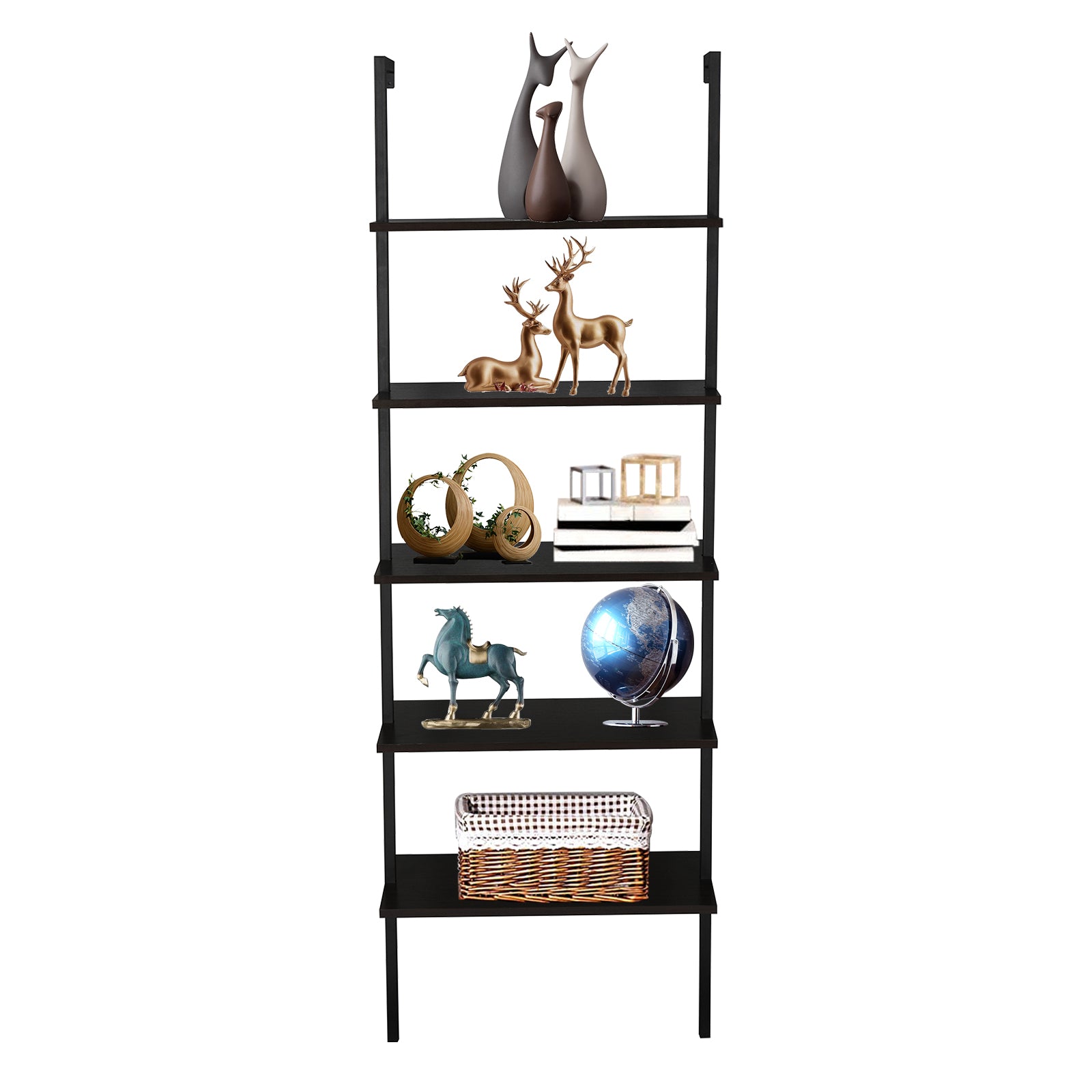 5-Shelf Wood Ladder Bookcase with Metal Frame, Industrial 5-Tier Modern Ladder Shelf Wood Shelves,Dark Walnut - Ballimart