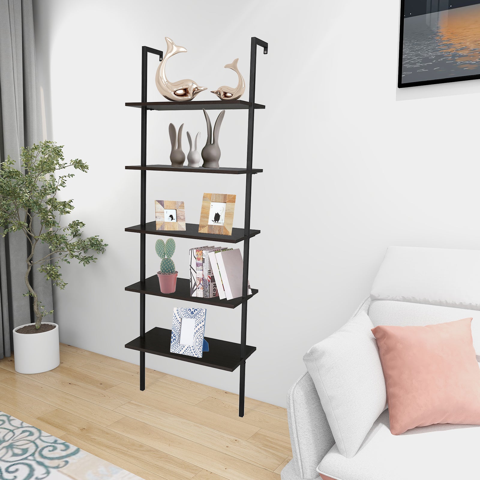 5-Shelf Wood Ladder Bookcase with Metal Frame, Industrial 5-Tier Modern Ladder Shelf Wood Shelves,Dark Walnut - Ballimart