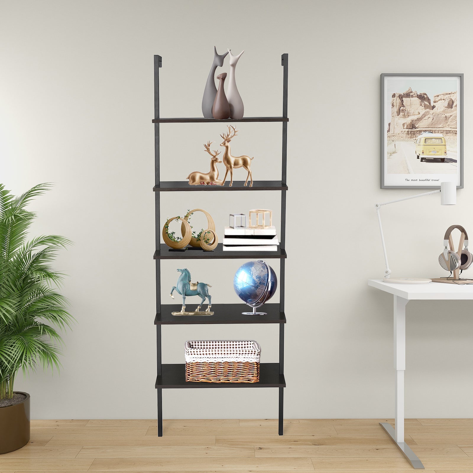 5-Shelf Wood Ladder Bookcase with Metal Frame, Industrial 5-Tier Modern Ladder Shelf Wood Shelves,Dark Walnut - Ballimart