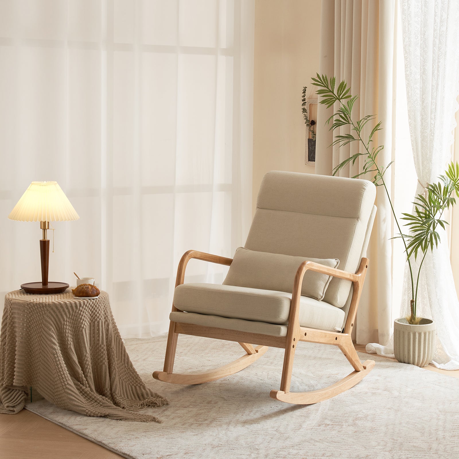 100*65*101cm High Back Belt Waist Pillow Log Color Solid Wood Armrest Backrest Seat Frame Iron Frame  Indoor Rocking Chair/armchair dual use Off-white Linen - Ballimart