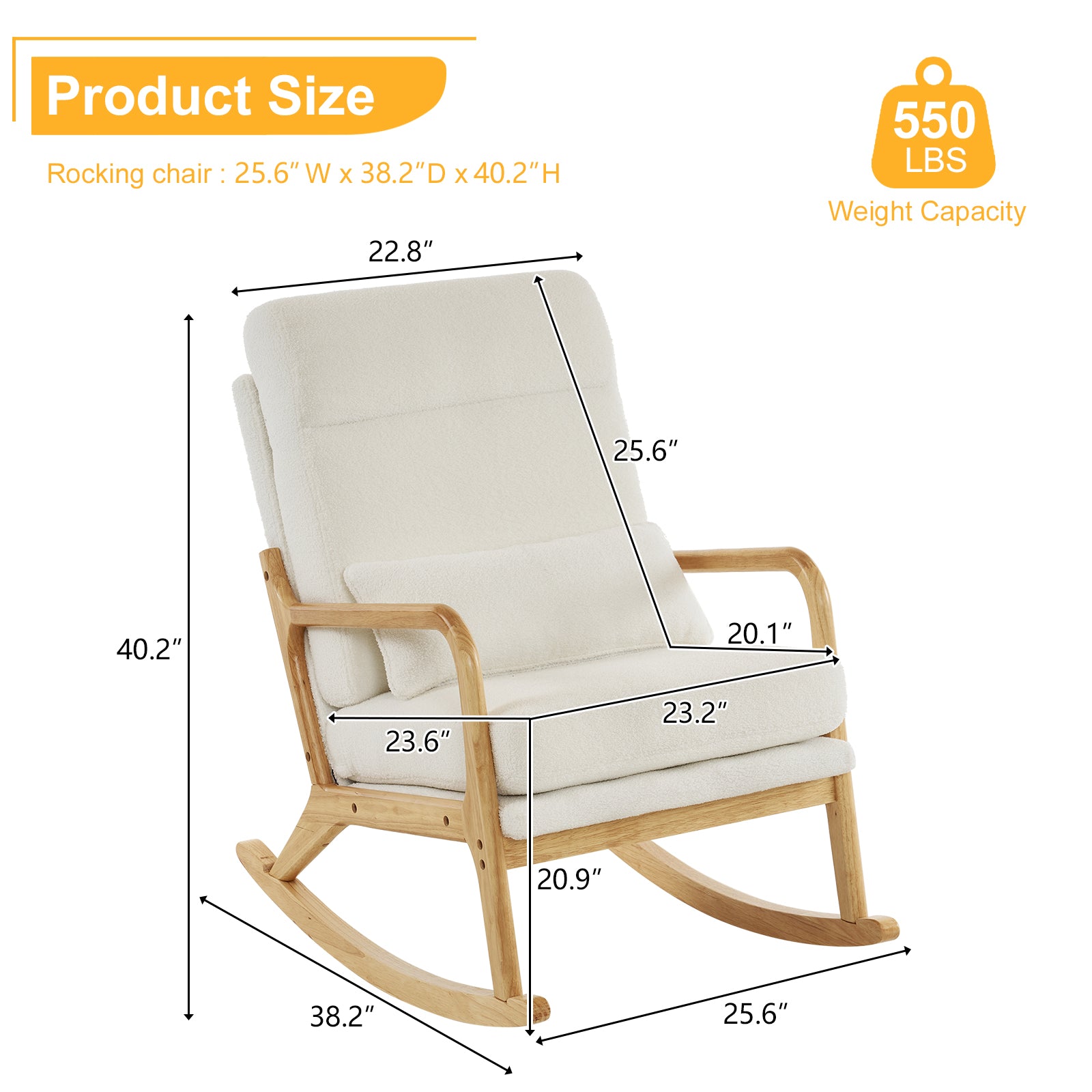 100*65*101cm High Back Belt Waist Pillow Log Color Solid Wood Armrest Backrest Seat Frame Iron Frame  Indoor Rocking Chair/armchair dual use Off-White Teddy Fleece