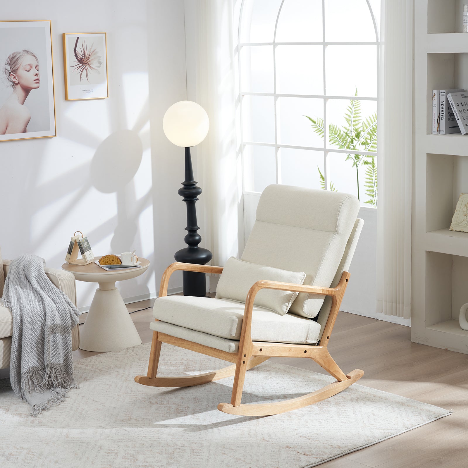 100*65*101cm High Back Belt Waist Pillow Log Color Solid Wood Armrest Backrest Seat Frame Iron Frame  Indoor Rocking Chair/armchair dual use Off-white Linen - Ballimart