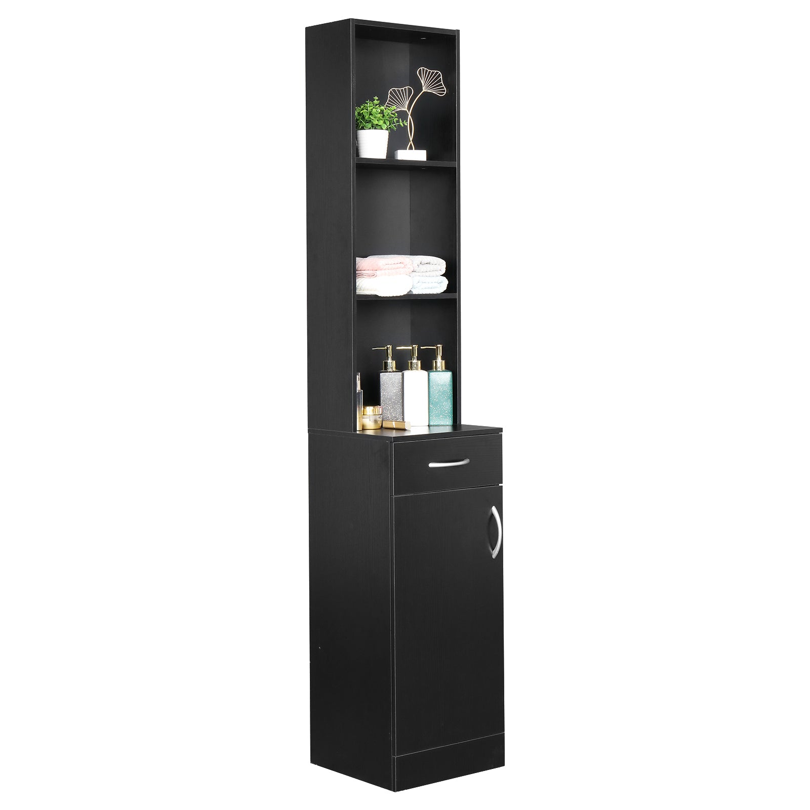 FCH MDF With Triamine One Door One Drawer Three Compartments High Cabinet Bathroom Wall Cabinet Black - Ballimart