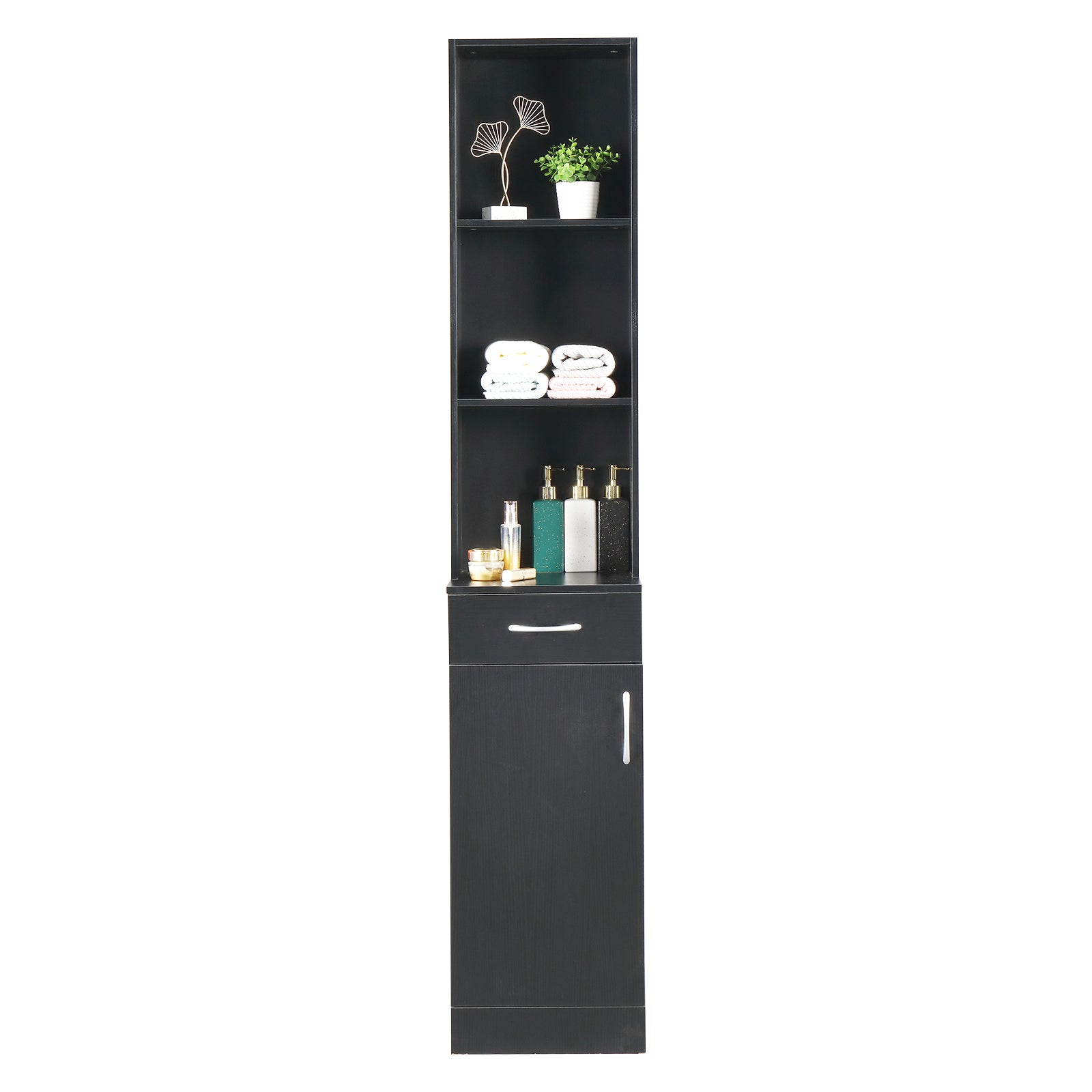 FCH MDF With Triamine One Door One Drawer Three Compartments High Cabinet Bathroom Wall Cabinet Black - Ballimart