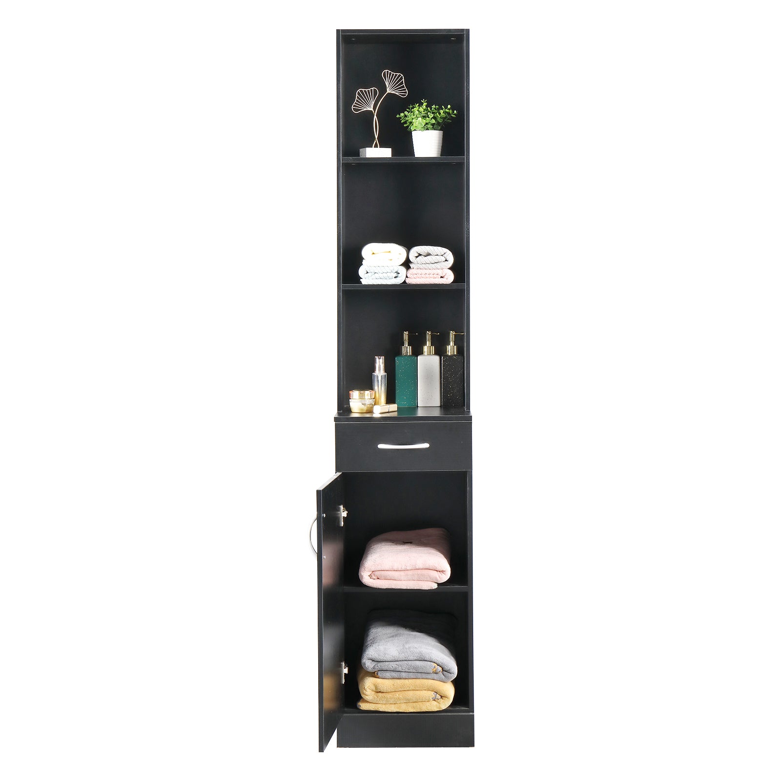 FCH MDF With Triamine One Door One Drawer Three Compartments High Cabinet Bathroom Wall Cabinet Black - Ballimart