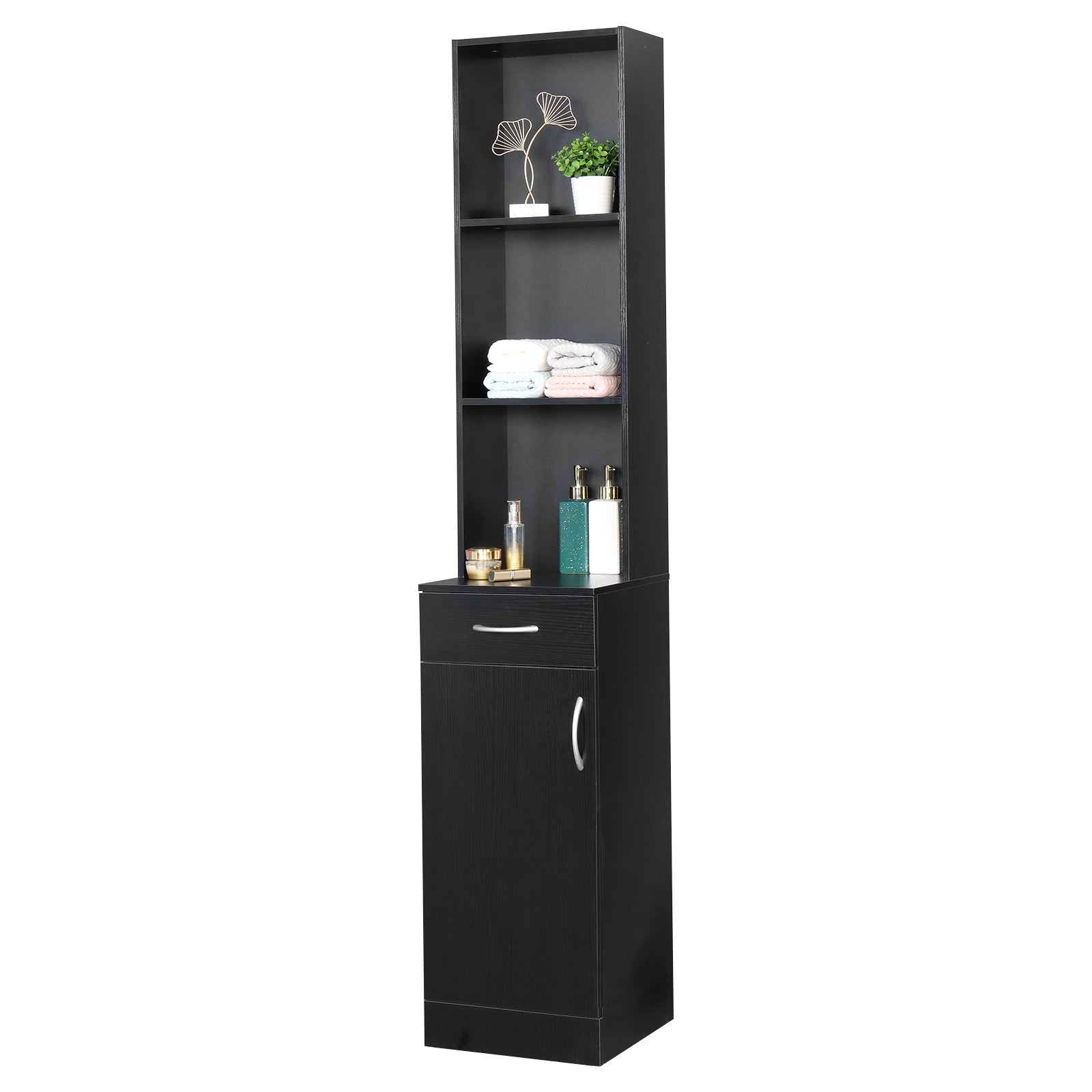 FCH MDF With Triamine One Door One Drawer Three Compartments High Cabinet Bathroom Wall Cabinet Black - Ballimart