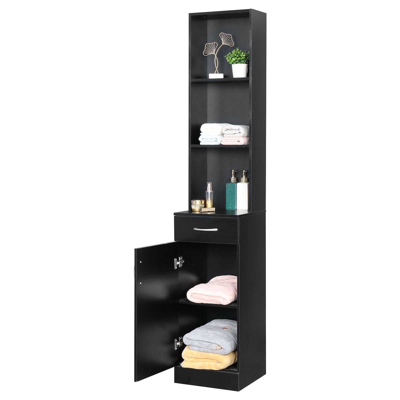 FCH MDF With Triamine One Door One Drawer Three Compartments High Cabinet Bathroom Wall Cabinet Black - Ballimart