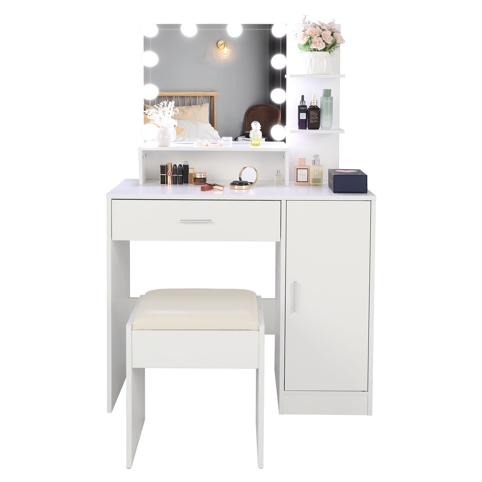 FCH Large Vanity Set with 10 LED Bulbs, Makeup Table with Cushioned Stool, 3 Storage Shelves 1 Drawer 1 Cabinet, Dressing Table Dresser Desk for Women, Girls, Bedroom, White - Ballimart
