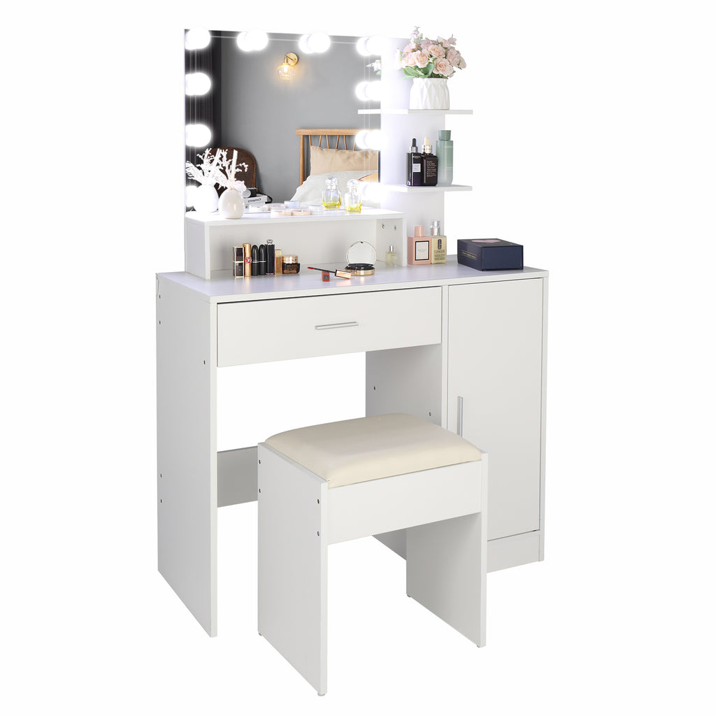 FCH Large Vanity Set with 10 LED Bulbs, Makeup Table with Cushioned Stool, 3 Storage Shelves 1 Drawer 1 Cabinet, Dressing Table Dresser Desk for Women, Girls, Bedroom, White - Ballimart