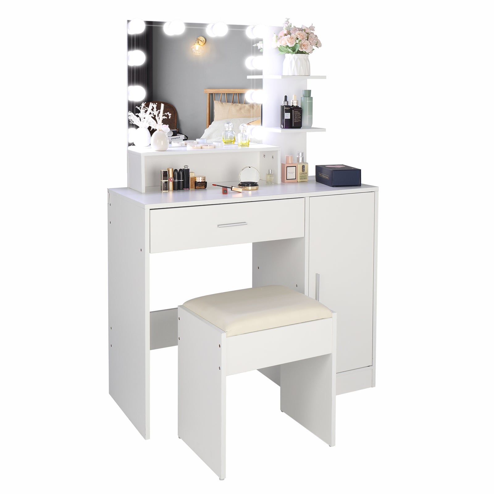 FCH Large Vanity Set with 10 LED Bulbs, Makeup Table with Cushioned Stool, 3 Storage Shelves 1 Drawer 1 Cabinet, Dressing Table Dresser Desk for Women, Girls, Bedroom, White - Ballimart