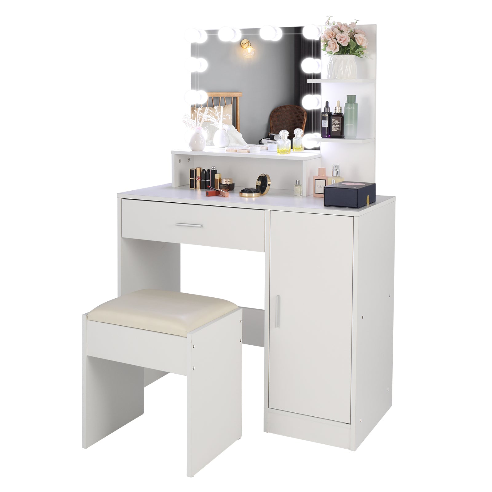 FCH Large Vanity Set with 10 LED Bulbs, Makeup Table with Cushioned Stool, 3 Storage Shelves 1 Drawer 1 Cabinet, Dressing Table Dresser Desk for Women, Girls, Bedroom, White