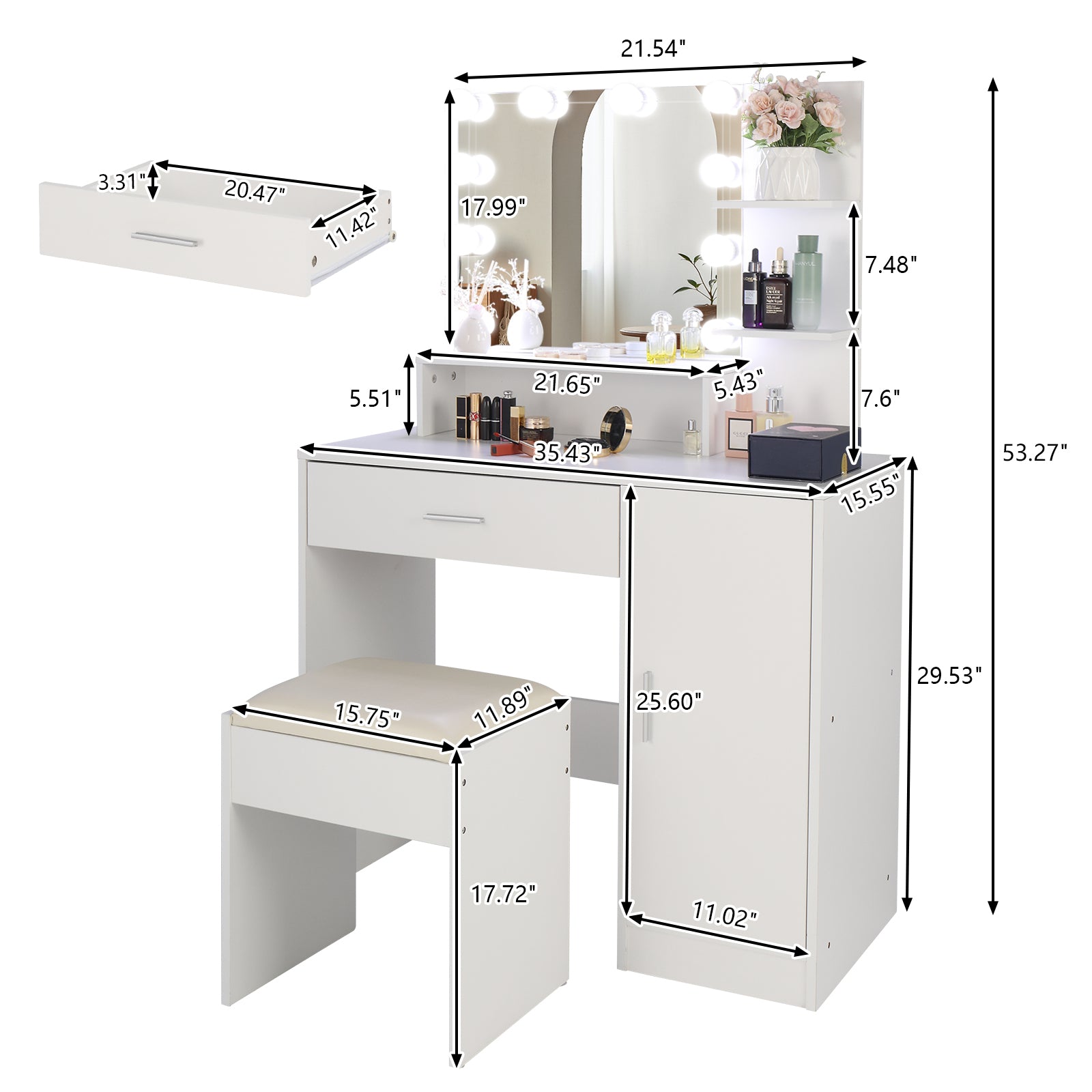 FCH Large Vanity Set with 10 LED Bulbs, Makeup Table with Cushioned Stool, 3 Storage Shelves 1 Drawer 1 Cabinet, Dressing Table Dresser Desk for Women, Girls, Bedroom, White - Ballimart