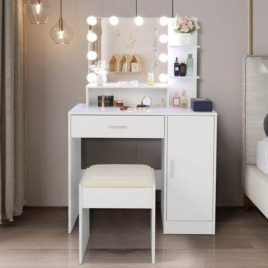 FCH Large Vanity Set with 10 LED Bulbs, Makeup Table with Cushioned Stool, 3 Storage Shelves 1 Drawer 1 Cabinet, Dressing Table Dresser Desk for Women, Girls, Bedroom, White - Ballimart