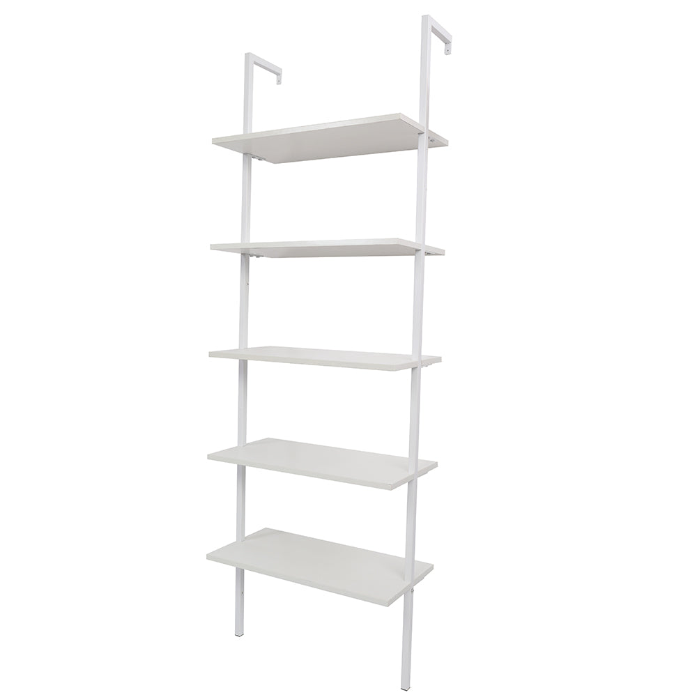 5-Shelf Wood Ladder Bookcase with Metal Frame, Industrial 5-Tier Modern Ladder Shelf Wood Shelves,White - Ballimart