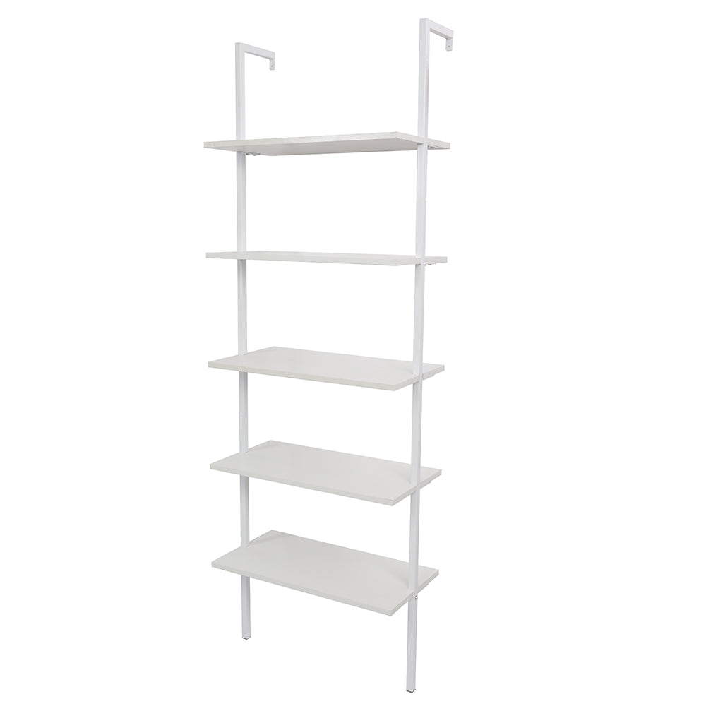 5-Shelf Wood Ladder Bookcase with Metal Frame, Industrial 5-Tier Modern Ladder Shelf Wood Shelves,White - Ballimart